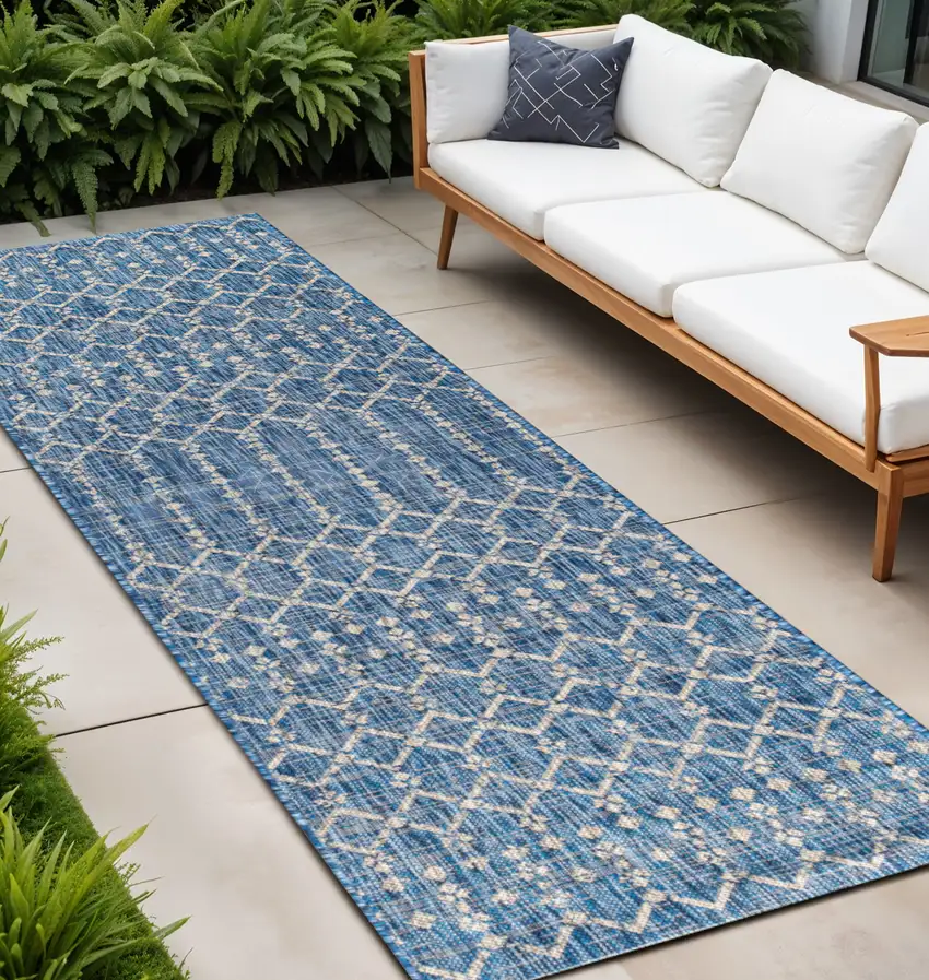 8' Navy Blue And Light Gray Trellis Indoor Outdoor Runner Rug Photo 1