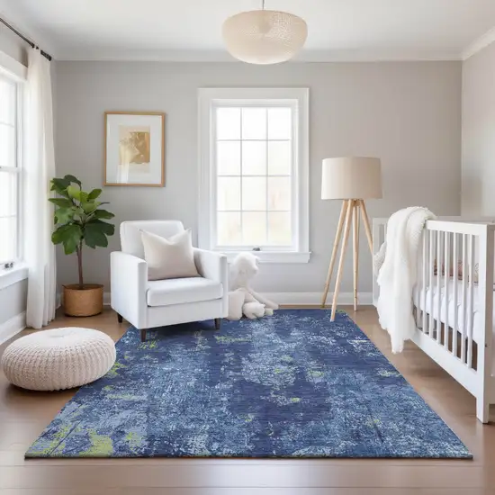 8' Navy Blue And Lime Green Abstract Washable Area Rug With UV Protection Photo 5