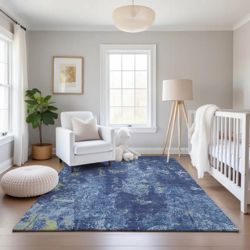 8' Navy Blue And Lime Green Abstract Washable Area Rug With UV Protection Photo 5