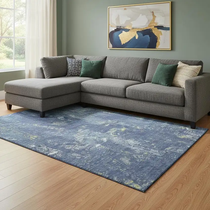 8' Navy Blue And Lime Green Abstract Washable Area Rug With UV Protection Photo 2