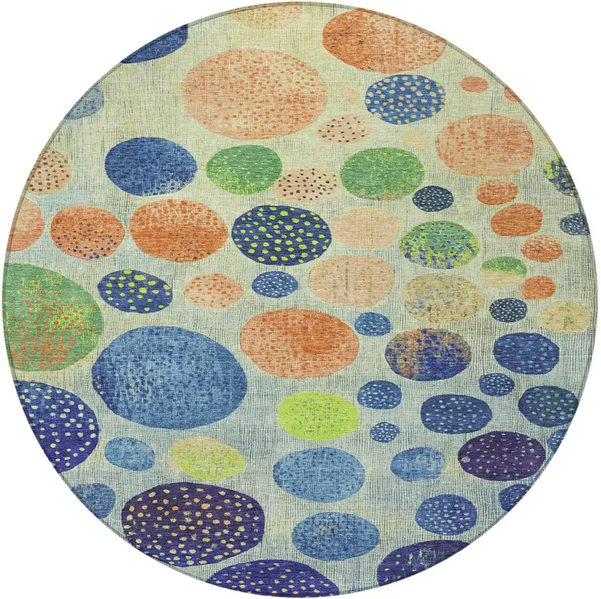 8' Navy Blue And Lime Green Round Geometric Washable Indoor Outdoor Area Rug Photo 4