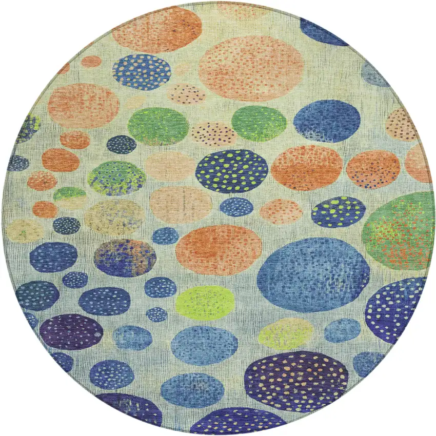 8' Navy Blue And Lime Green Round Geometric Washable Indoor Outdoor Area Rug Photo 1