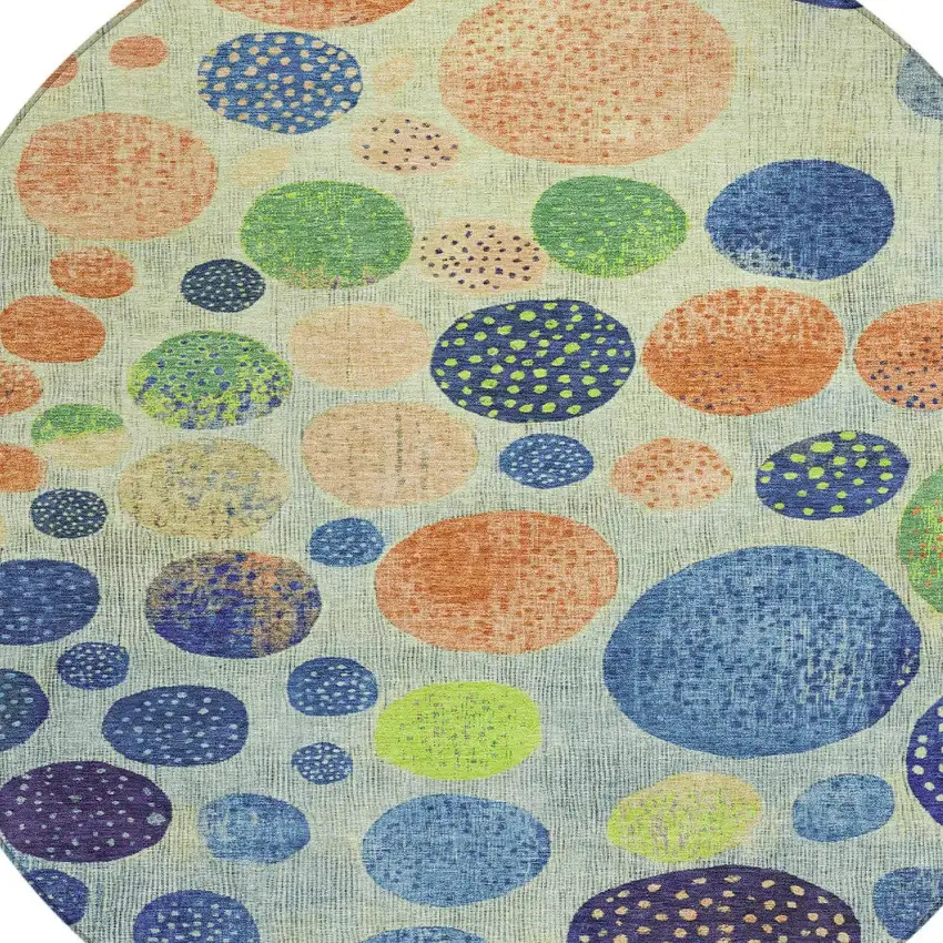 8' Navy Blue And Lime Green Round Geometric Washable Indoor Outdoor Area Rug Photo 7