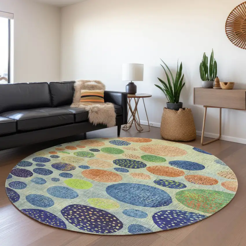 8' Navy Blue And Lime Green Round Geometric Washable Indoor Outdoor Area Rug Photo 6