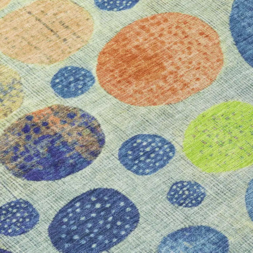 8' Navy Blue And Lime Green Round Geometric Washable Indoor Outdoor Area Rug Photo 9