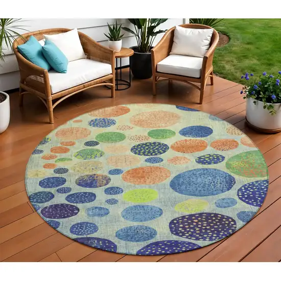 8' Navy Blue And Lime Green Round Geometric Washable Indoor Outdoor Area Rug Photo 2