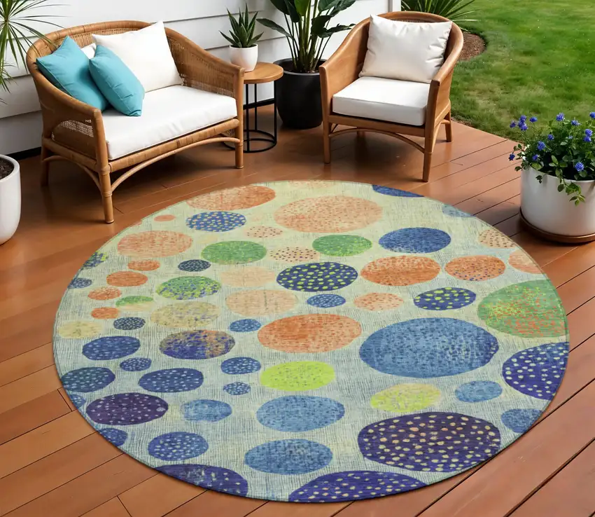 8' Navy Blue And Lime Green Round Geometric Washable Indoor Outdoor Area Rug Photo 2