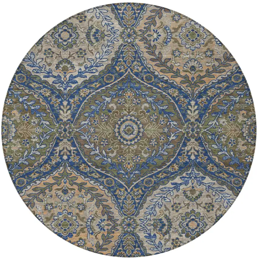 8' Navy Blue And Linen Round Ogee Washable Indoor Outdoor Area Rug Photo 4