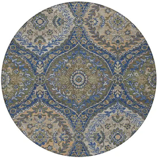 8' Navy Blue And Linen Round Ogee Washable Indoor Outdoor Area Rug Photo 4