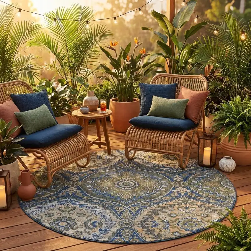 8' Navy Blue And Linen Round Ogee Washable Indoor Outdoor Area Rug Photo 1