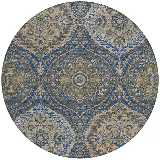 8' Navy Blue And Linen Round Ogee Washable Indoor Outdoor Area Rug Photo 3
