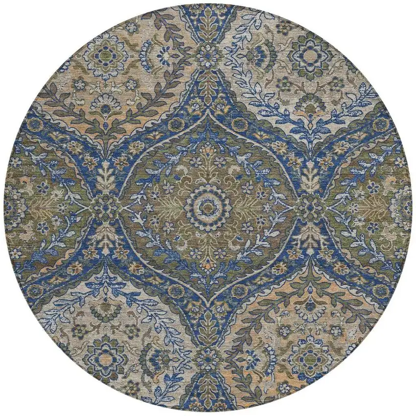 8' Navy Blue And Linen Round Ogee Washable Indoor Outdoor Area Rug Photo 3