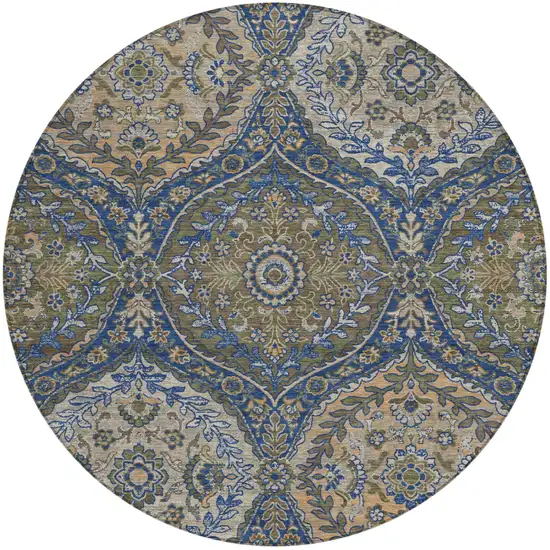 8' Navy Blue And Linen Round Ogee Washable Indoor Outdoor Area Rug Photo 2