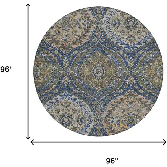 8' Navy Blue And Linen Round Ogee Washable Indoor Outdoor Area Rug Photo 7