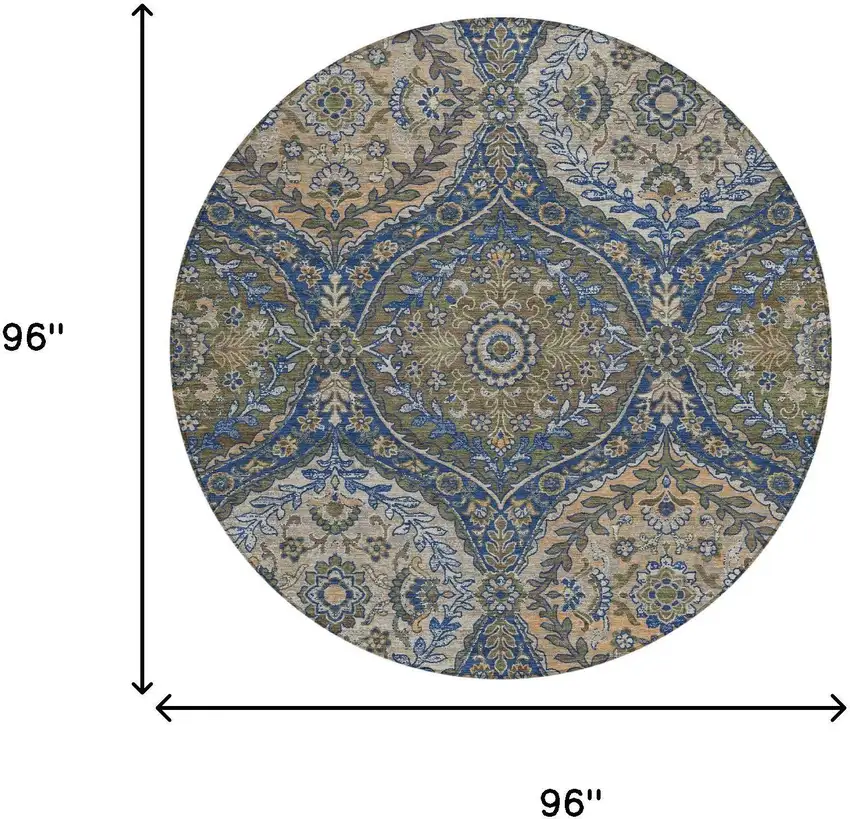 8' Navy Blue And Linen Round Ogee Washable Indoor Outdoor Area Rug Photo 7