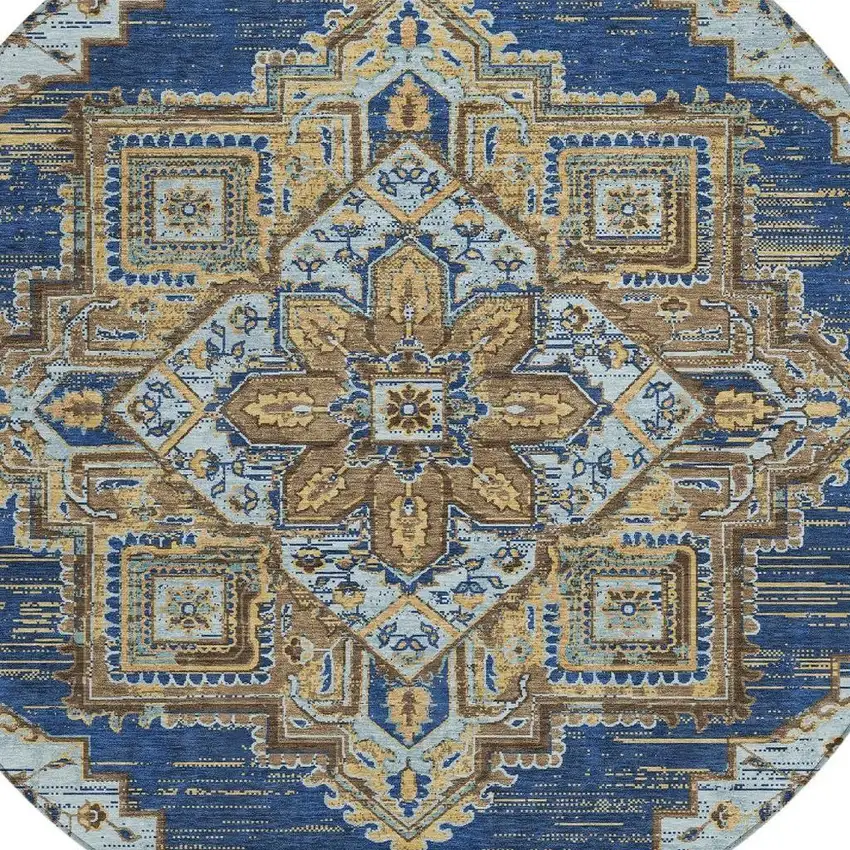 8' Navy Blue And Linen Round Oriental Washable Indoor Outdoor Area Rug Photo 3