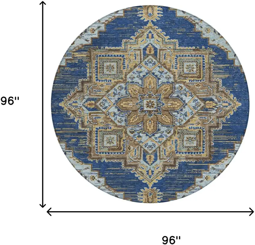 8' Navy Blue And Linen Round Oriental Washable Indoor Outdoor Area Rug Photo 7
