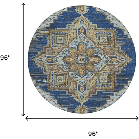 8' Navy Blue And Linen Round Oriental Washable Indoor Outdoor Area Rug Photo 7