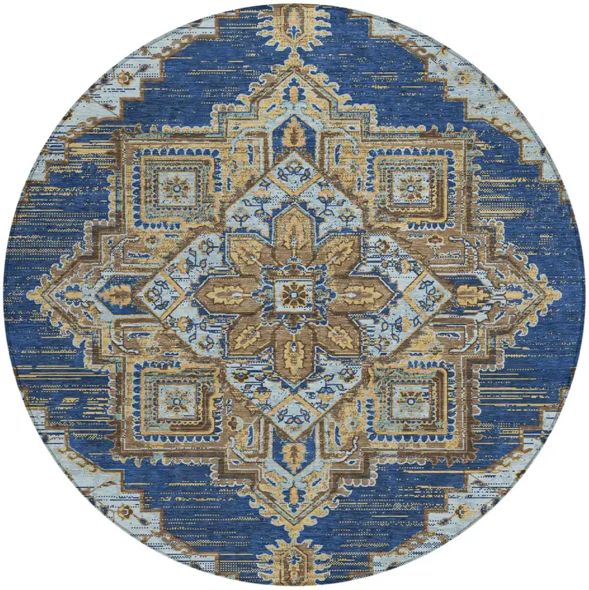 8' Navy Blue And Linen Round Oriental Washable Indoor Outdoor Area Rug Photo 2