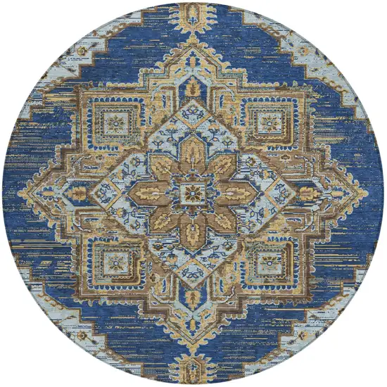 8' Navy Blue And Linen Round Oriental Washable Indoor Outdoor Area Rug Photo 2