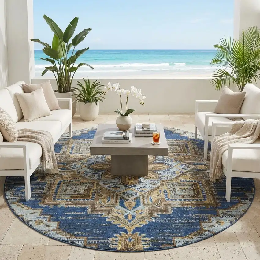 8' Navy Blue And Linen Round Oriental Washable Indoor Outdoor Area Rug Photo 1