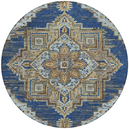 8' Navy Blue And Linen Round Oriental Washable Indoor Outdoor Area Rug Photo 4