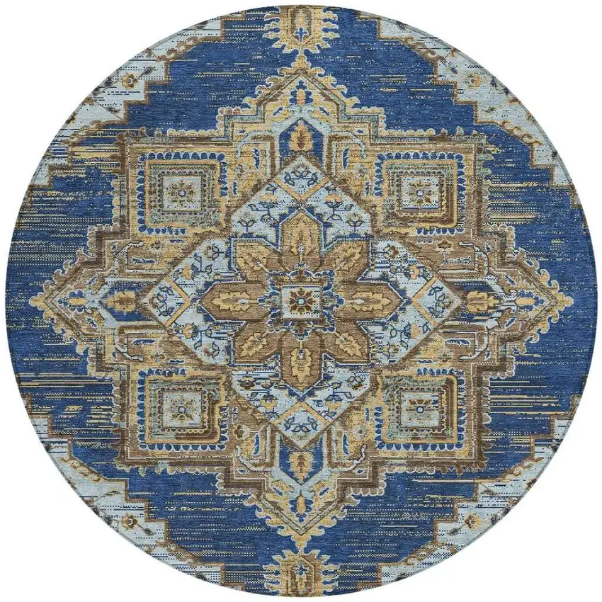 8' Navy Blue And Linen Round Oriental Washable Indoor Outdoor Area Rug Photo 4
