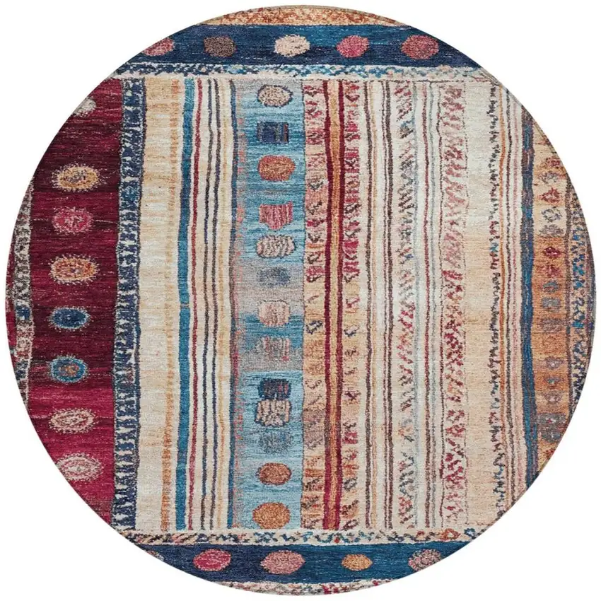 8' Navy Blue And Merlot Round Striped Washable Indoor Outdoor Area Rug Photo 3