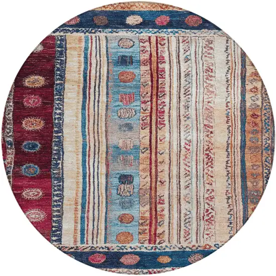 8' Navy Blue And Merlot Round Striped Washable Indoor Outdoor Area Rug Photo 1