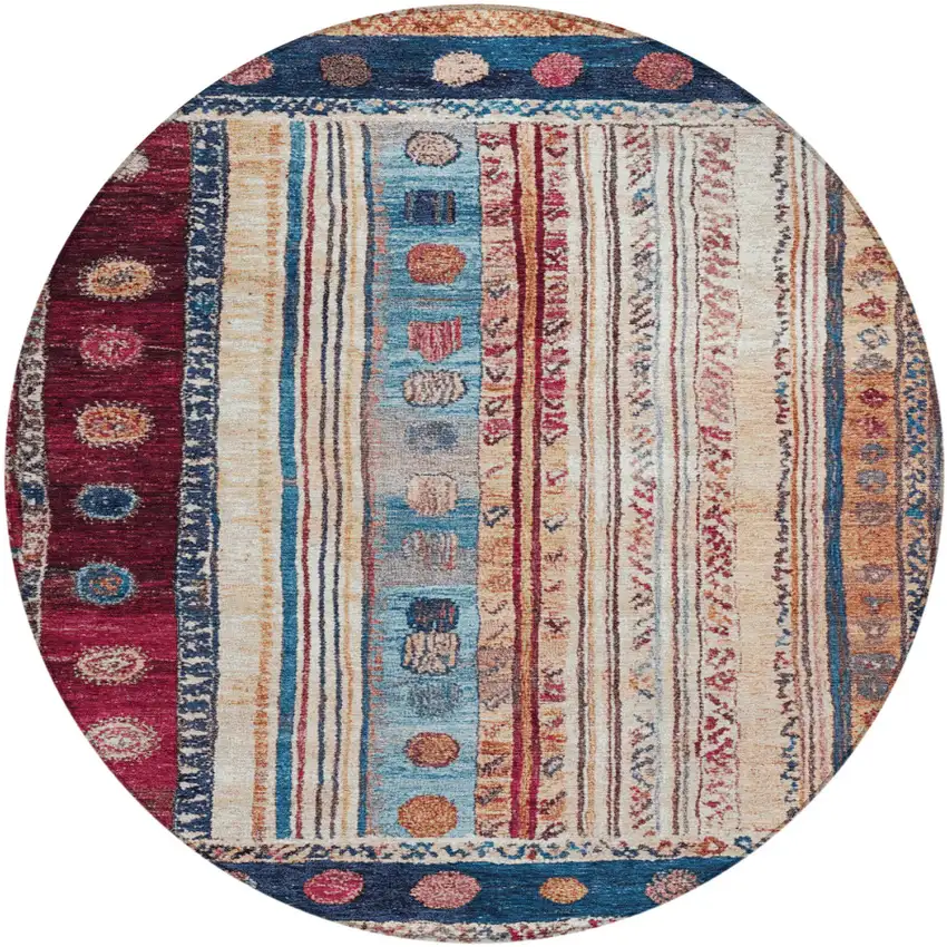 8' Navy Blue And Merlot Round Striped Washable Indoor Outdoor Area Rug Photo 1