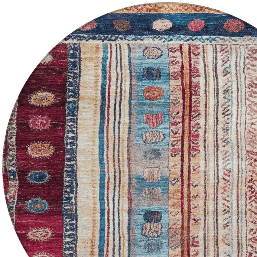 8' Navy Blue And Merlot Round Striped Washable Indoor Outdoor Area Rug Photo 8