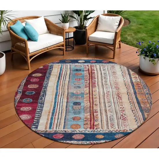 8' Navy Blue And Merlot Round Striped Washable Indoor Outdoor Area Rug Photo 2