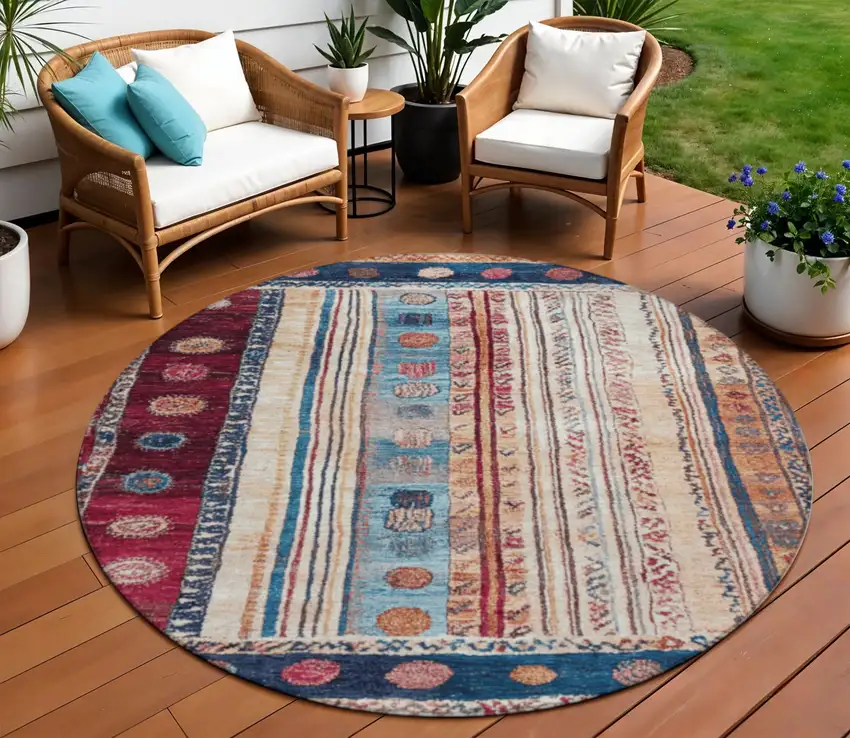 8' Navy Blue And Merlot Round Striped Washable Indoor Outdoor Area Rug Photo 2