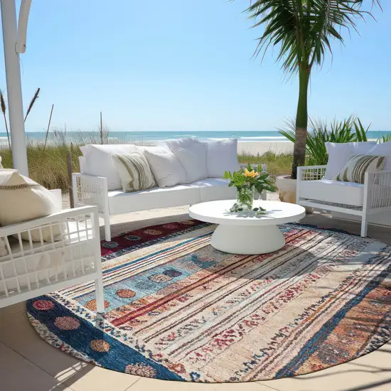 8' Navy Blue And Merlot Round Striped Washable Indoor Outdoor Area Rug Photo 5