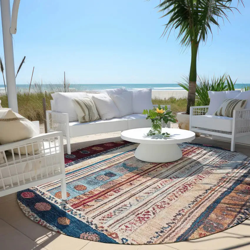 8' Navy Blue And Merlot Round Striped Washable Indoor Outdoor Area Rug Photo 5