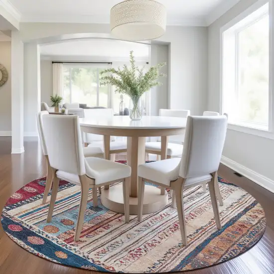 8' Navy Blue And Merlot Round Striped Washable Indoor Outdoor Area Rug Photo 6