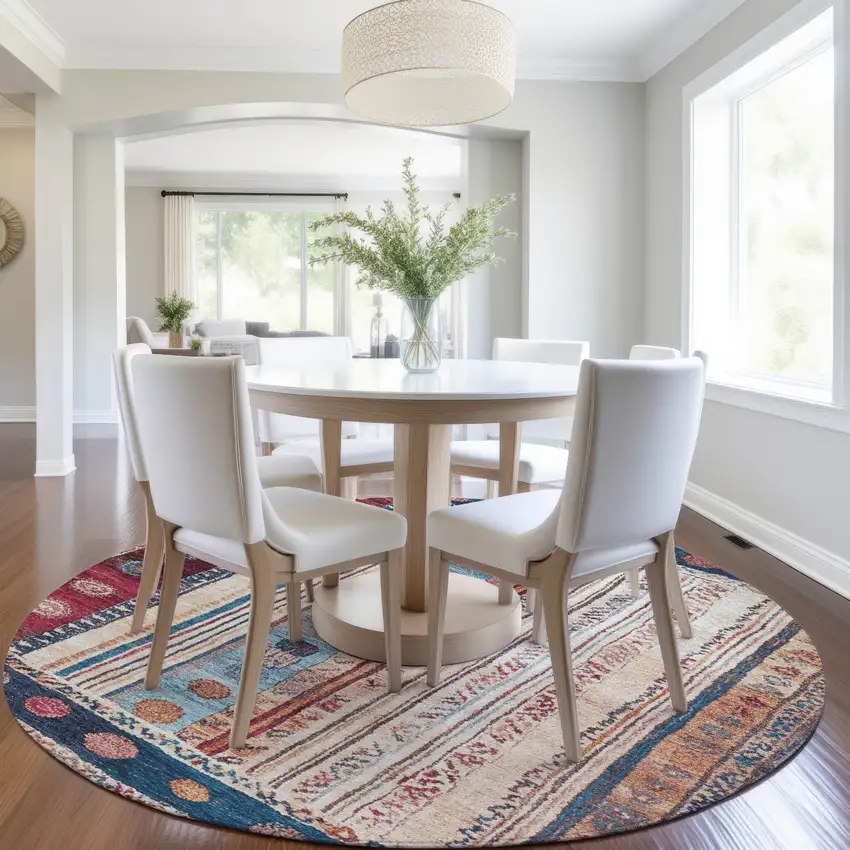 8' Navy Blue And Merlot Round Striped Washable Indoor Outdoor Area Rug Photo 6