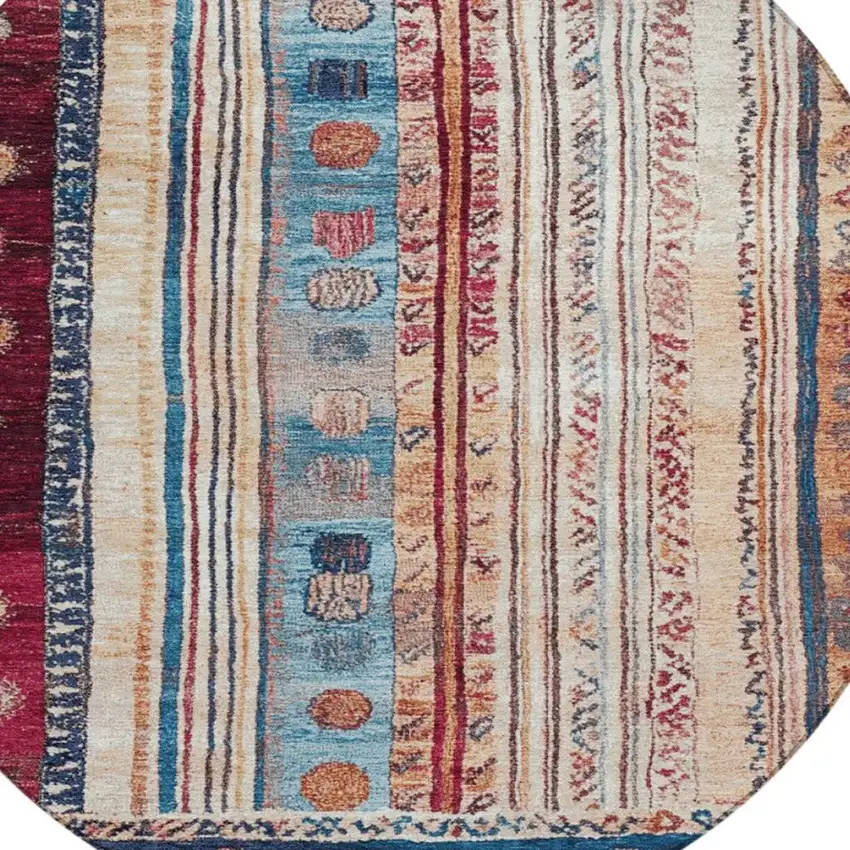 8' Navy Blue And Merlot Round Striped Washable Indoor Outdoor Area Rug Photo 4