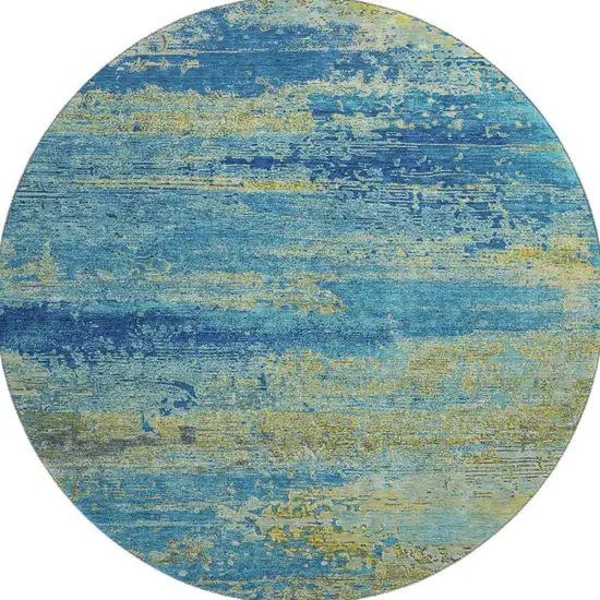 8' Navy Blue And Olive Green Abstract Washable Round Rug With UV Protection Photo 3