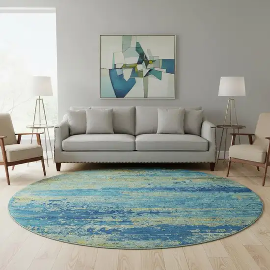 8' Navy Blue And Olive Green Abstract Washable Round Rug With UV Protection Photo 2