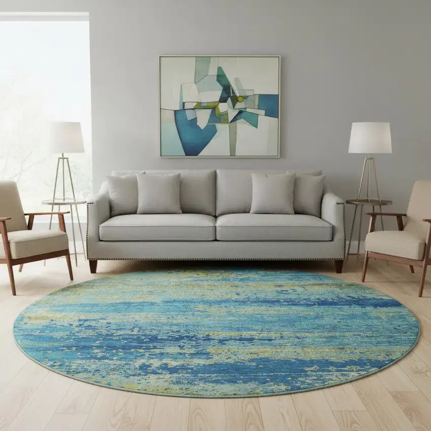 8' Navy Blue And Olive Green Abstract Washable Round Rug With UV Protection Photo 2