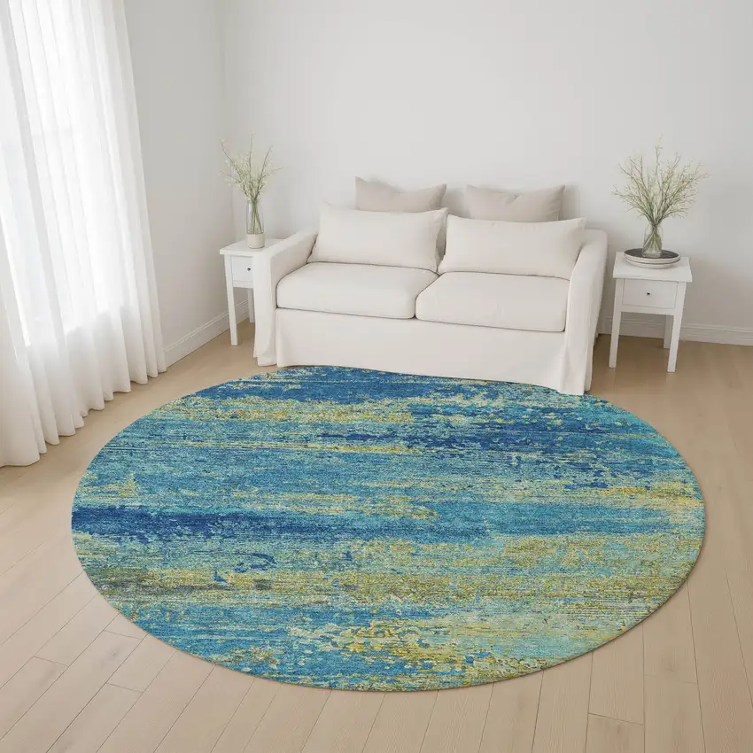 8' Navy Blue And Olive Green Abstract Washable Round Rug With UV Protection Photo 4