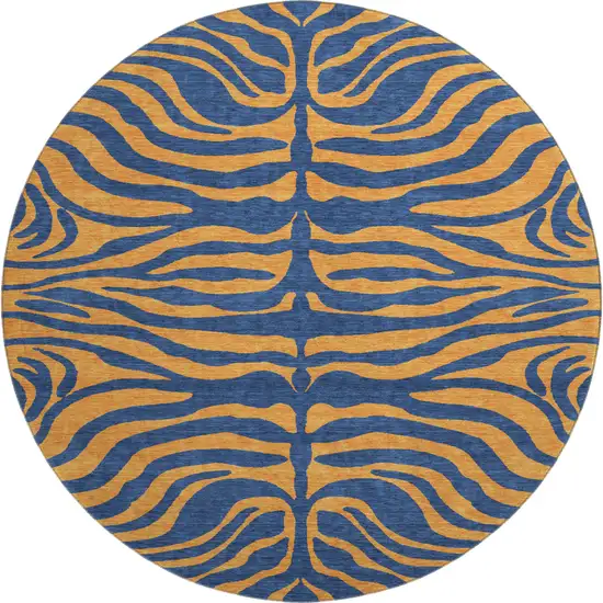 8' Navy Blue And Orange Animal Print Washable Round Rug With UV Protection Photo 1