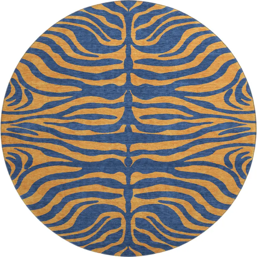 8' Navy Blue And Orange Animal Print Washable Round Rug With UV Protection Photo 1