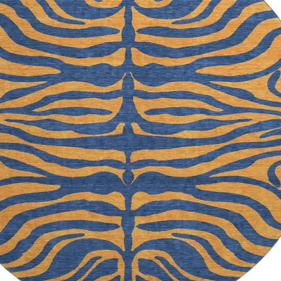 8' Navy Blue And Orange Animal Print Washable Round Rug With UV Protection Photo 2