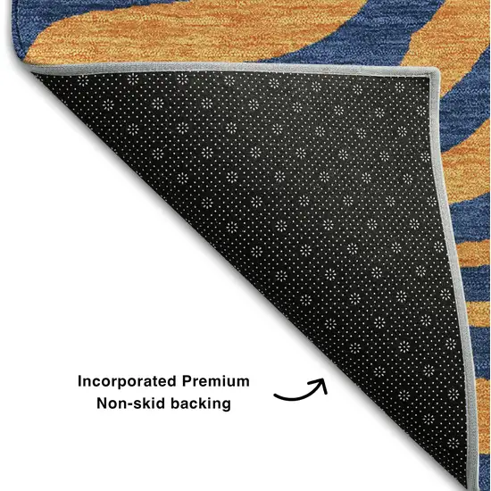 8' Navy Blue And Orange Animal Print Washable Round Rug With UV Protection Photo 5