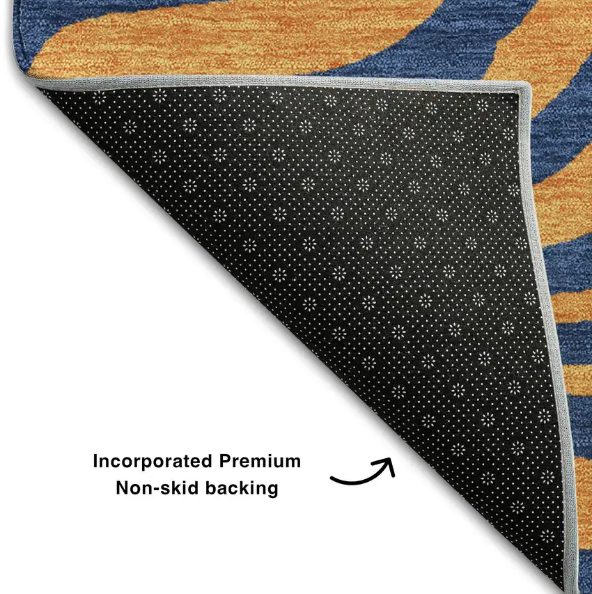 8' Navy Blue And Orange Animal Print Washable Round Rug With UV Protection Photo 5