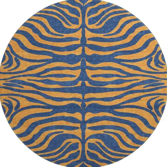 8' Navy Blue And Orange Animal Print Washable Round Rug With UV Protection Photo 3