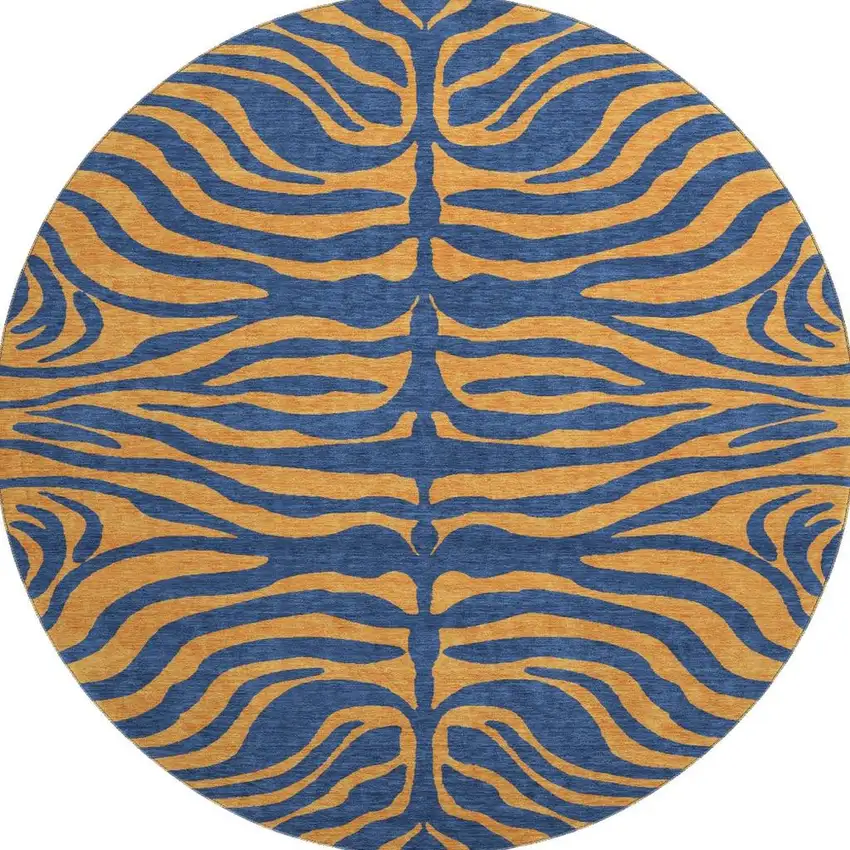 8' Navy Blue And Orange Animal Print Washable Round Rug With UV Protection Photo 3