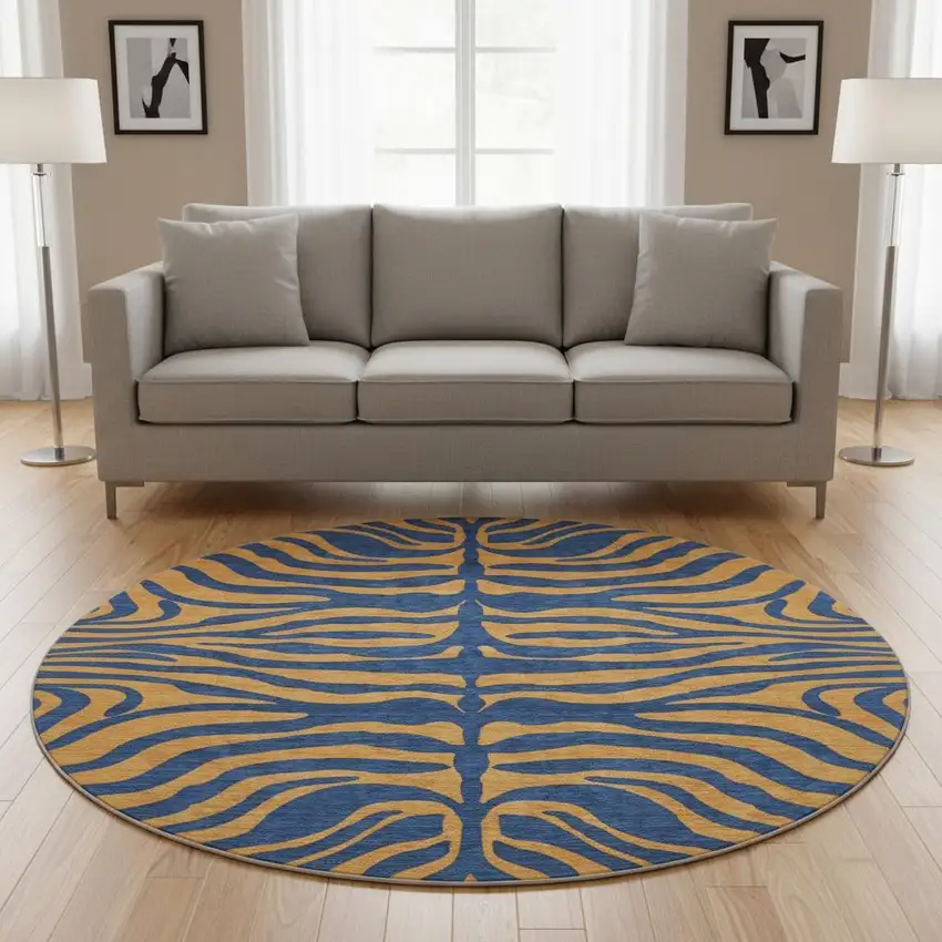8' Navy Blue And Orange Animal Print Washable Round Rug With UV Protection Photo 2